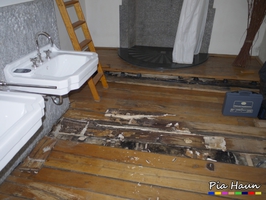 Ausgebreiteter Hausporling | massiver Befall an Eichenholz-Boden eines Badezimmers, Foto: © Ingenieurbüro Pia Haun - Trier